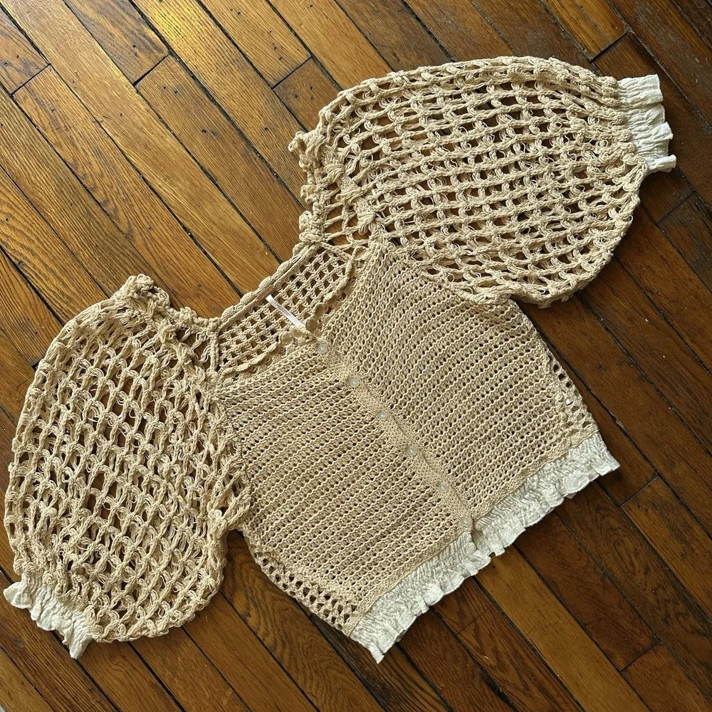 Free People Luisa Cardi Net Balloon Sleeve Top Women S Apricot Illusion Combo